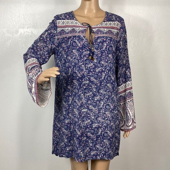 Billabong Boho Paisley Print Long Sleeve Tie Neck Tunic Top - Picture 1 of 9
